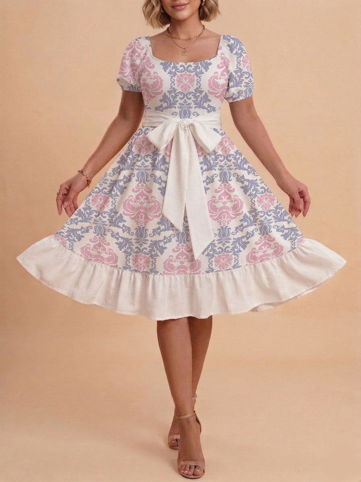 Damen Retro Maxikleid mit Puffärmeln und Taillengürtel Skjora