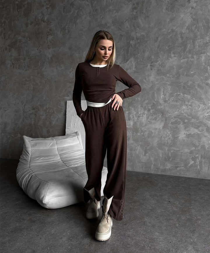 Dames loungewear sett med langermet skjorte og vide bukser