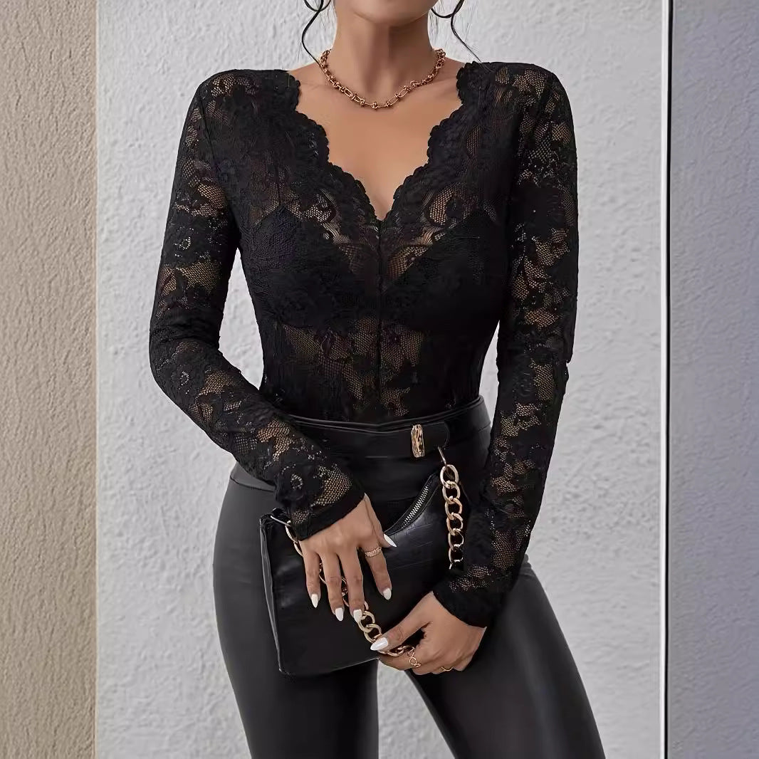 Dame Elegant spissbluse med V-hals og lange ermer Skjora