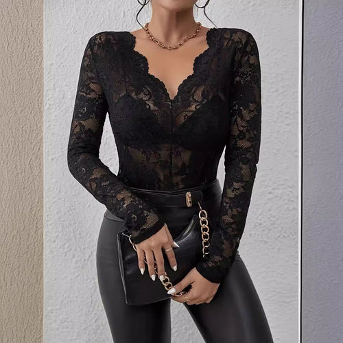 Dame Elegant spissbluse med V-hals og lange ermer Skjora