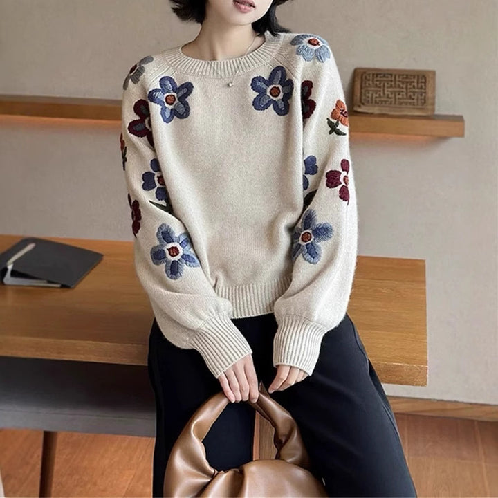 Damers motesweater med blomsterbroderi design Skjora