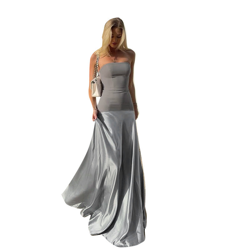 Dame gulvlengt kveldskjole med off-shoulder design og flytende satin Skjora
