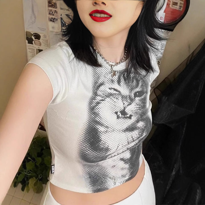 Dame Crop-T-skjorte med kreativt kattmotiv Skjora