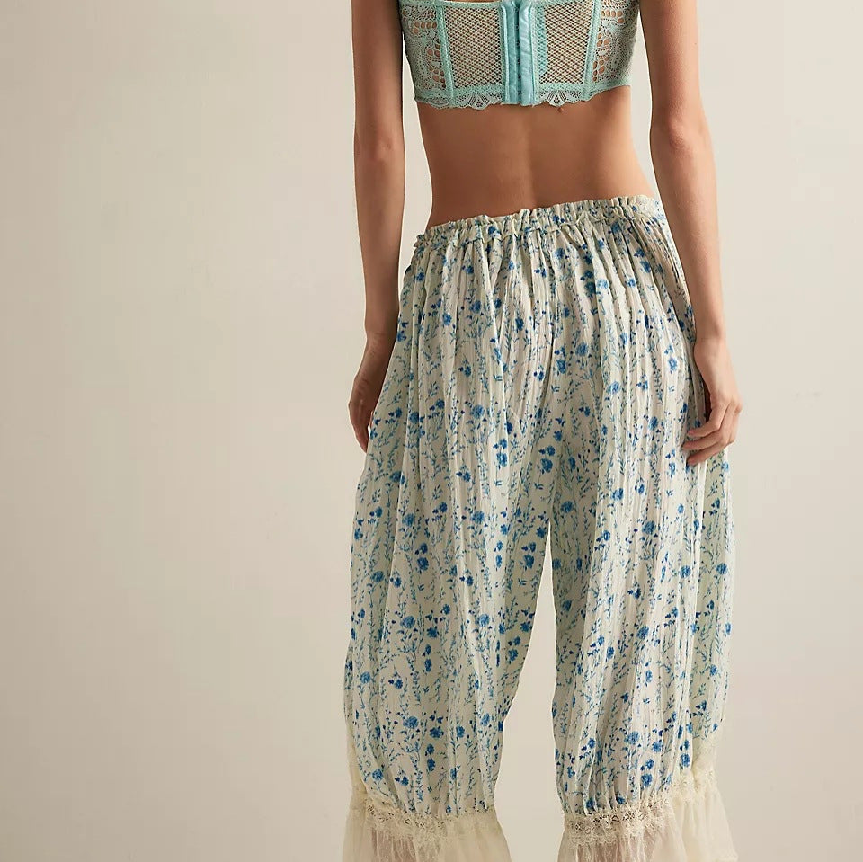 Damen Blumenmuster Hose mit Spitzenabschlüssen Skjora