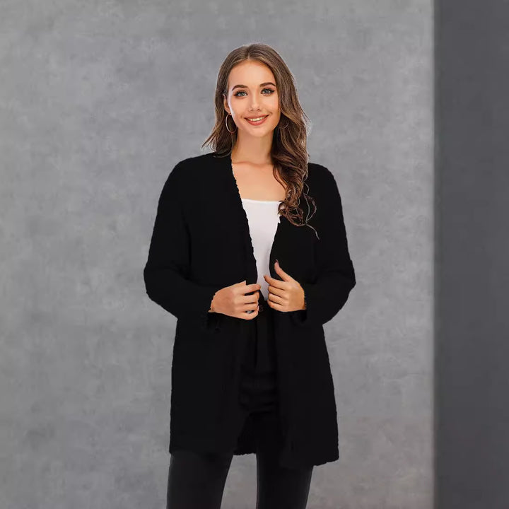 Kvinnekomfortabel cardigan med åpen skjæring og store lommer Skjora