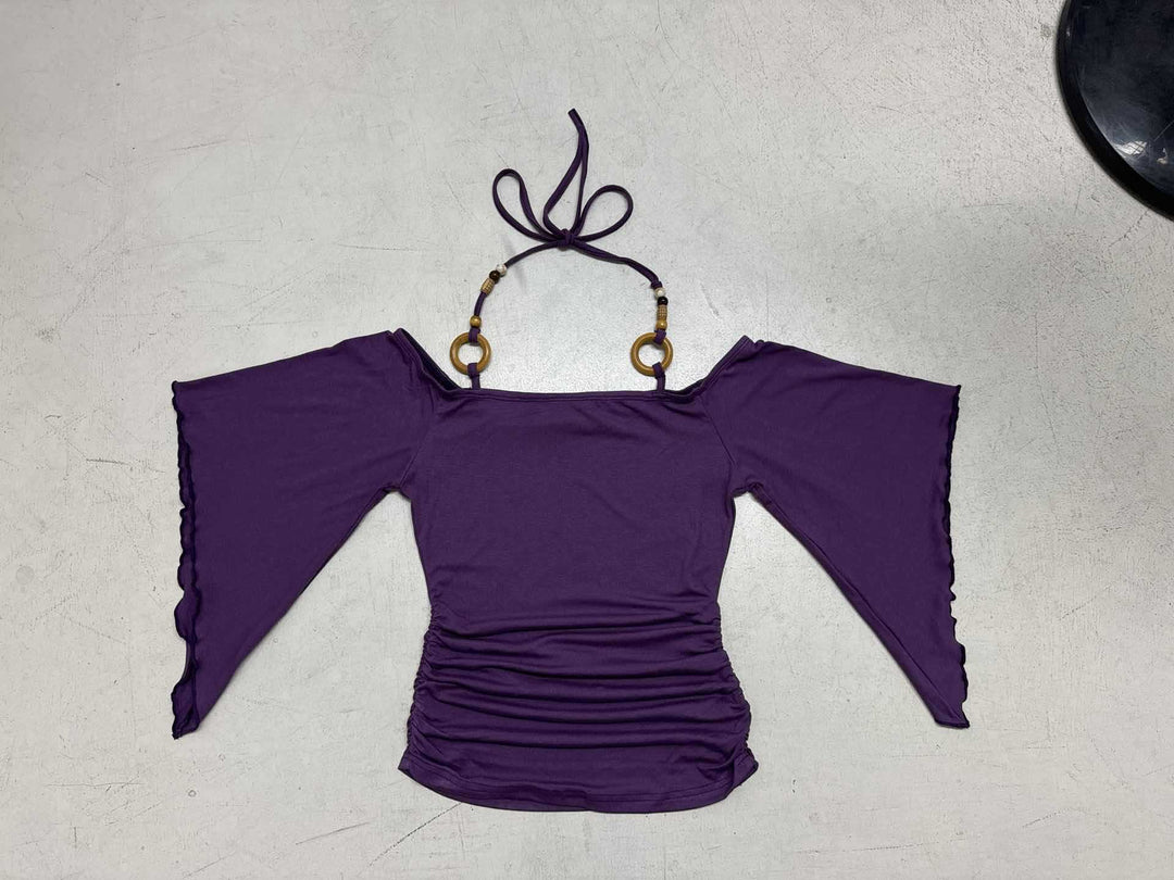 Dame Off-Shoulder topp med voluminøse ermer og dekorative knytte-detaljer Skjora