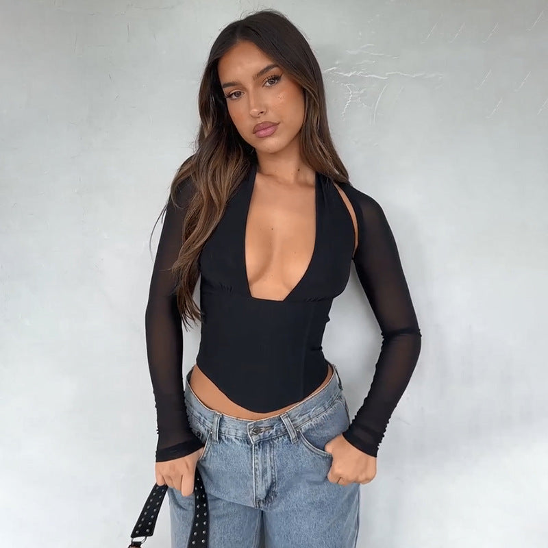 Dame Crop-Top med gjennomsiktige ermer og dyp V-hals Skjora