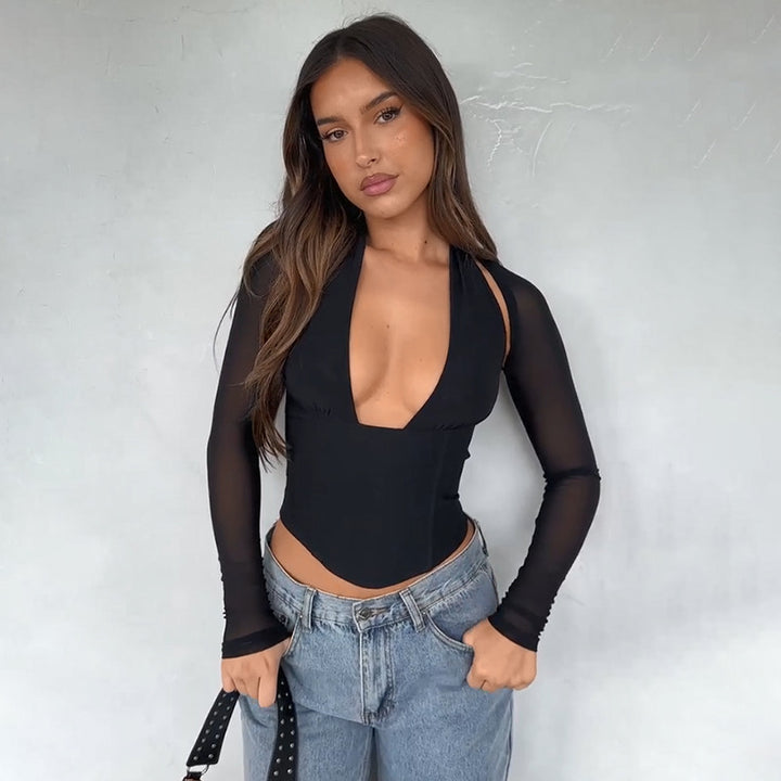 Dame Crop-Top med gjennomsiktige ermer og dyp V-hals Skjora