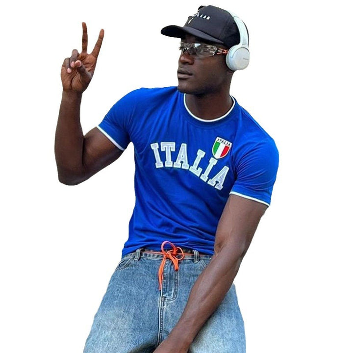 Herrer sporty T-shirt med Italia-motiv og kontrasterende accenter Skjora