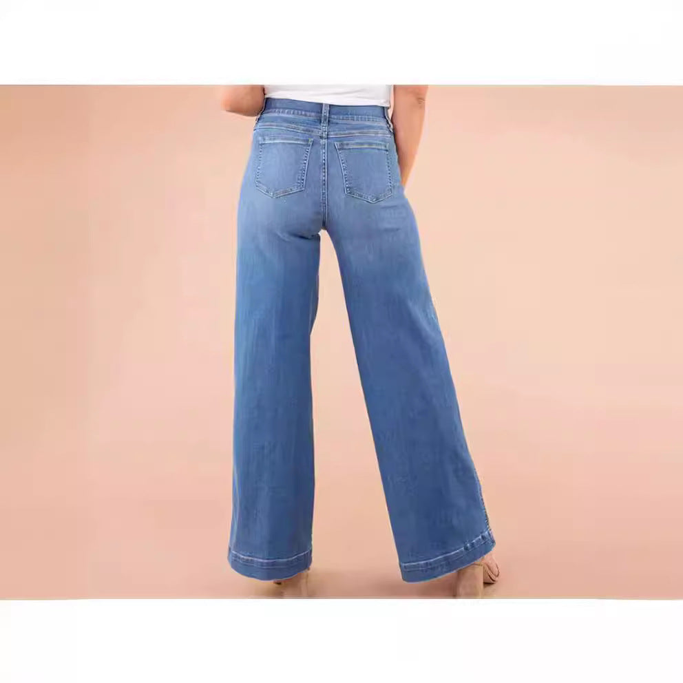 Dame brede høy midje jeans med elegant snitt og markante sømdetaljer Skjora