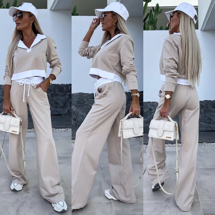 Kvinne casual sports loungewear-sett med stilfull krage og komfortabel passform
