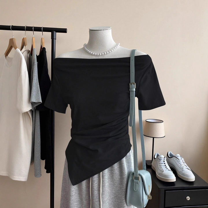 Damer Off-Shoulder T-skjorte med rynkework Skjora