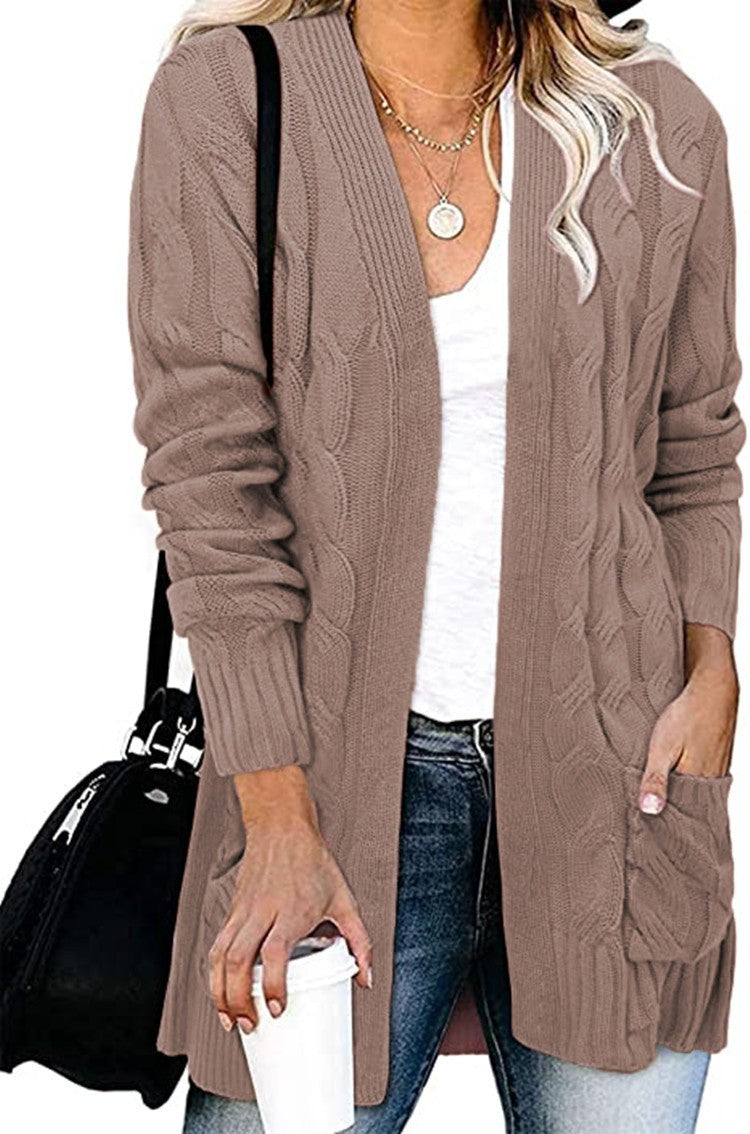 Dame cardigan i elegant flettemønster med åpne lommer Skjora