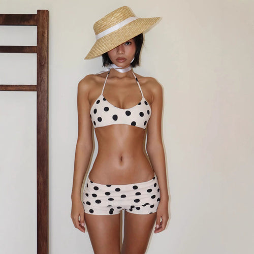 Dame bikinit-sett med leken prikkedesign og elegante bånd