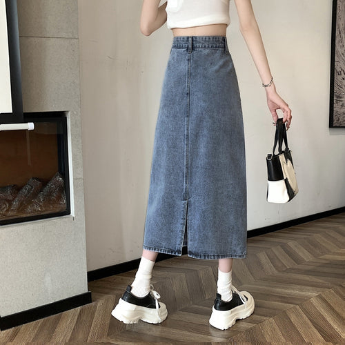 Kvinne midi denim skjørt med front splitt Skjora