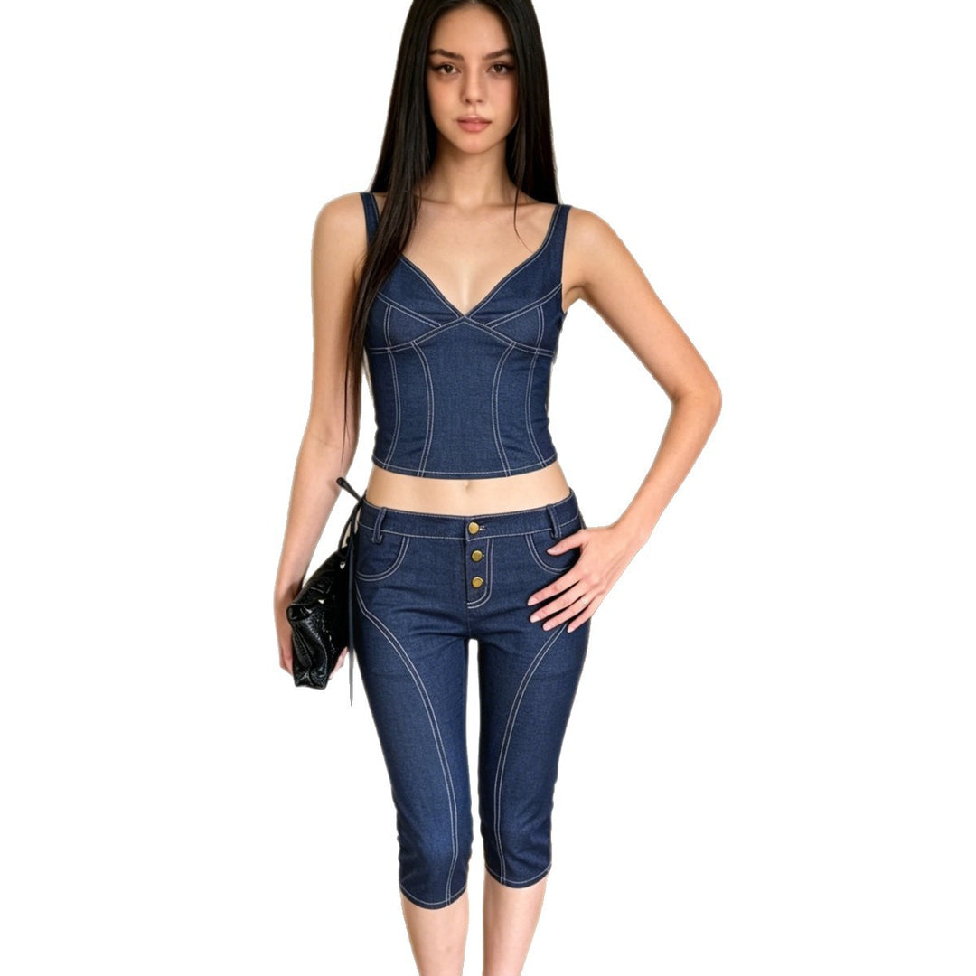 Dame Komfortable Caprijeans med dekorative knapper Skjora
