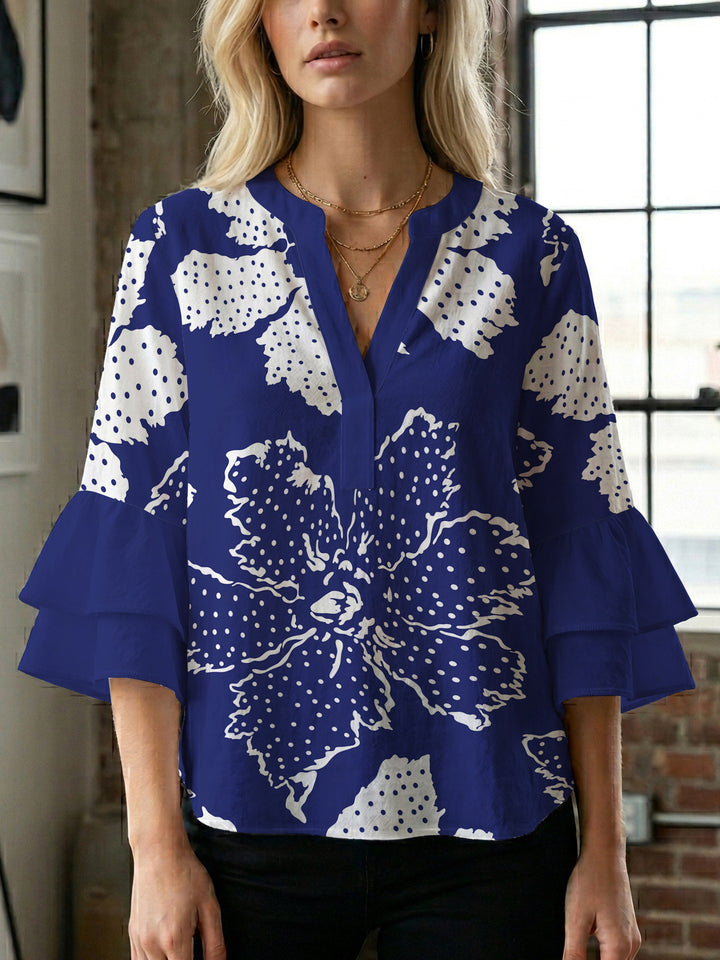 Damer elegant bluse skjorte med voluminøse rysjermer og grafisk blomsterdesign Skjora