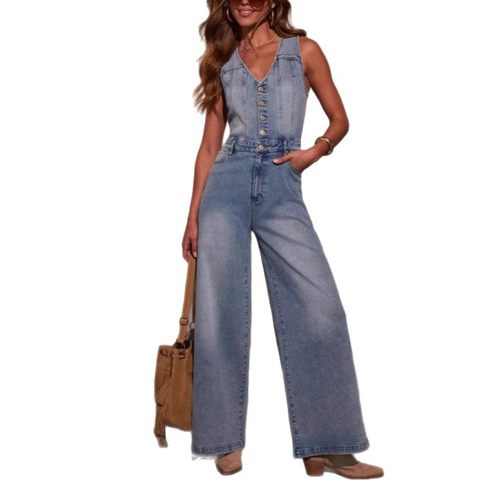 Kvinnens vidde jeans jumpsuit med knappestolpe og dyp V-hals