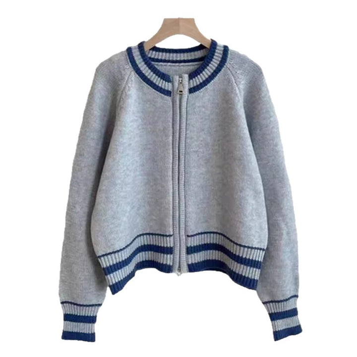 Damer moteriktig strikket cardigan med glidelås og sporty stripe mønster Skjora