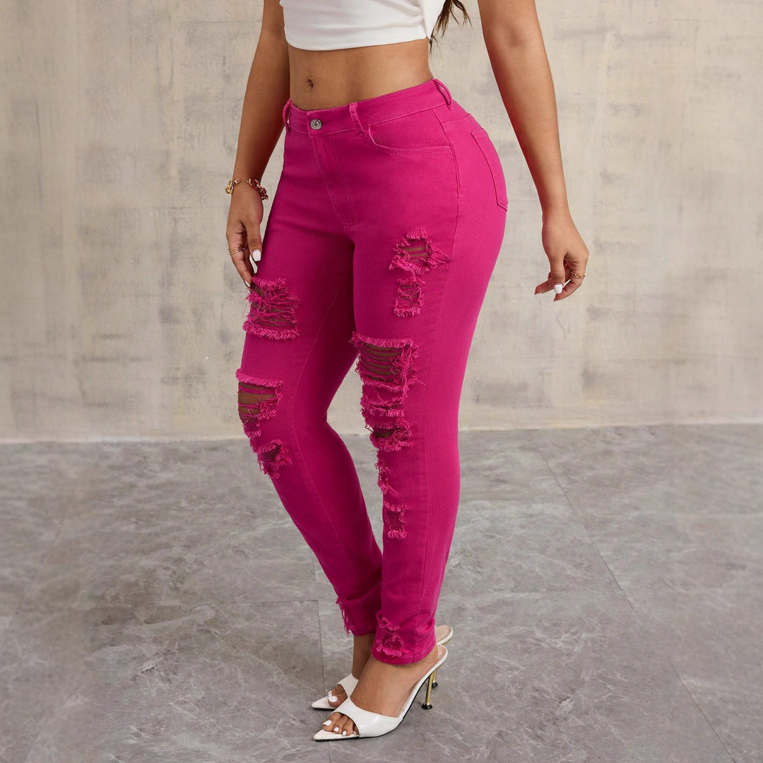 Kvinners casual skinny jeans med ødelagte detaljer og høy midje Skjora