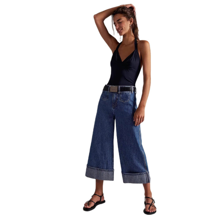 Damer Elegante vidt skårne jeans med påsydd striper Skjora