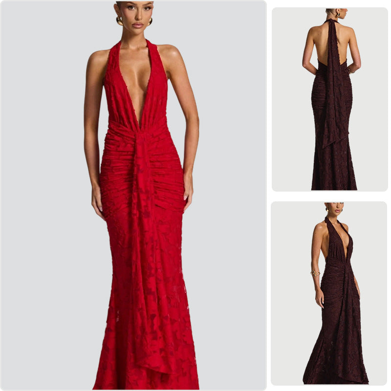 Damer Elegant Maxi Kjole med Dyp V-Hals og Volangdesign