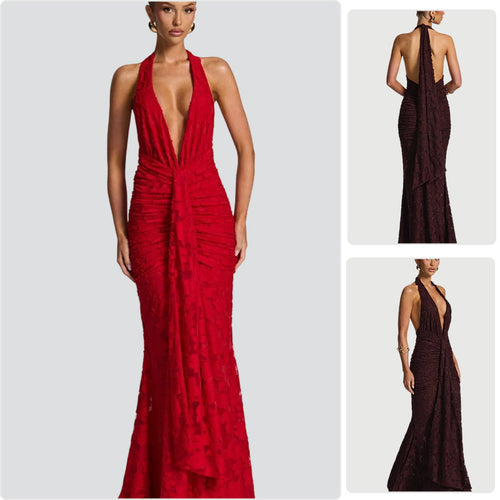 Damer Elegant Maxi Kjole med Dyp V-Hals og Volangdesign