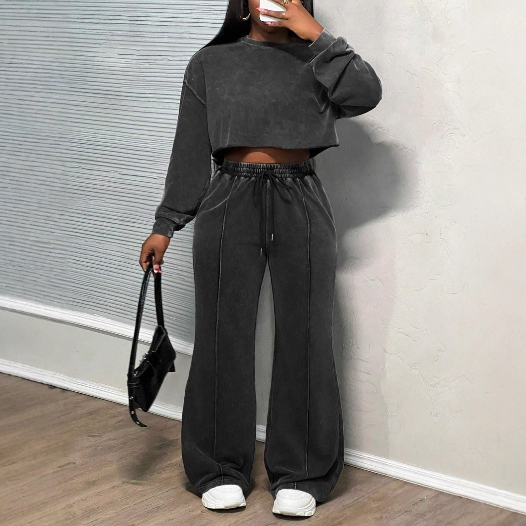 Kvinne kuttet loungewear-sett med vide bukser og høy midje Skjora
