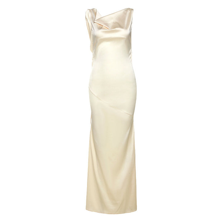 Damer Elegant Satin Maxikjole med asymmetrisk overdel og flytende snitt Skjora
