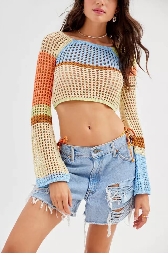 Damer heklet Crop-Top med vide ermer og fargerike striper Skjora