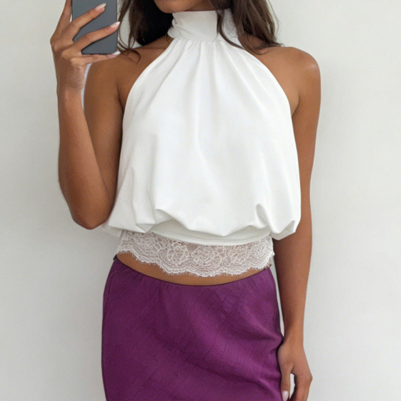 Women's elegant halter neck top with lace details and loose fit Skjora