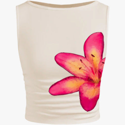 Dame ermeløs Crop-Top med blomstermotiv og tettsittende snitt Skjora