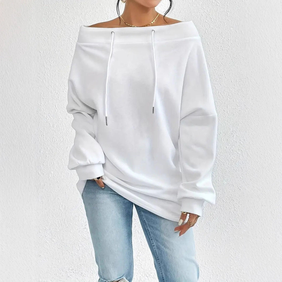 Dame casual oversized genser med åpen krage og praktiske snorene Skjora