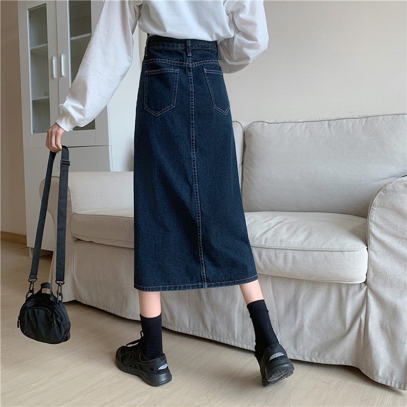 Dame lang denim skjørt med sidedeling Skjora