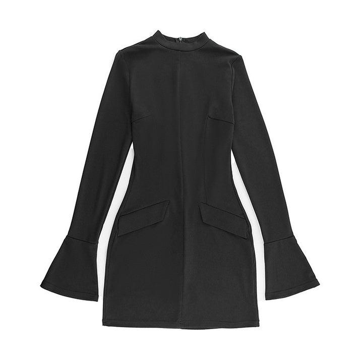 Women's form-fitting mini dress with stand-up collar and innovative cut Skjora
