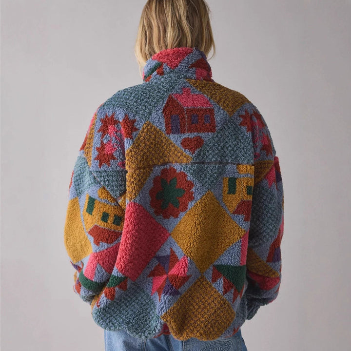 Dame Cozy Fleece Jakke med Fargerikt Patches Mønster Skjora