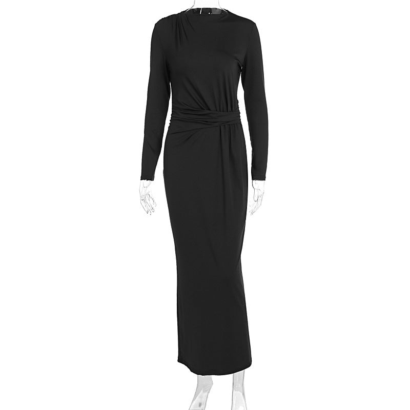 Damer figurnært maxikjole med elegante draperinger og lange ermer Skjora