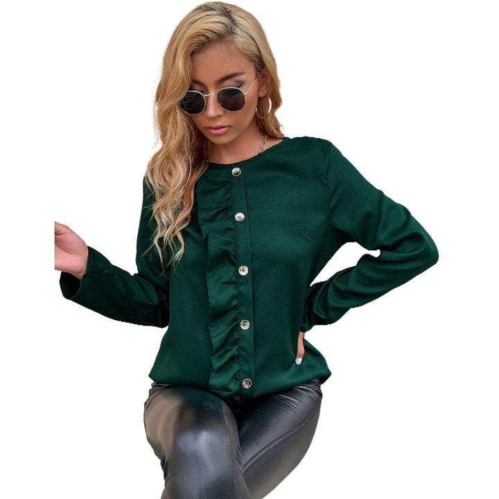 Dame elegant bluse skjorte med flosshumør og knappdetaljer Skjora