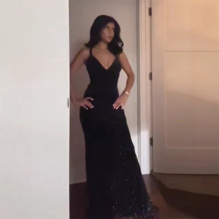 Women's glamorous evening dress with glittering sequin embellishment and deep V-neckline Skirt