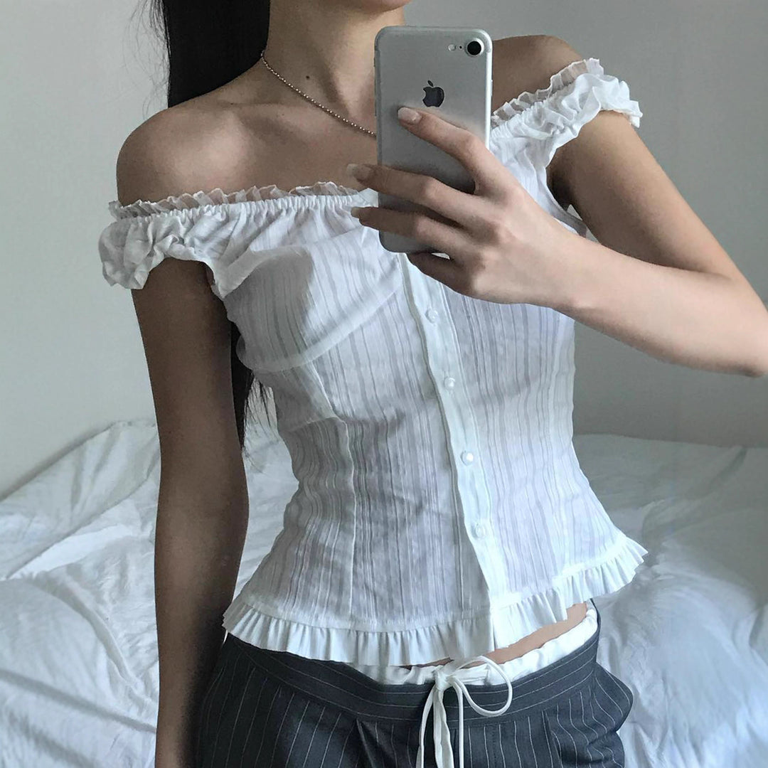 Damer Off-Shoulder Bluse med volangkant og knappdetaljer Skjora