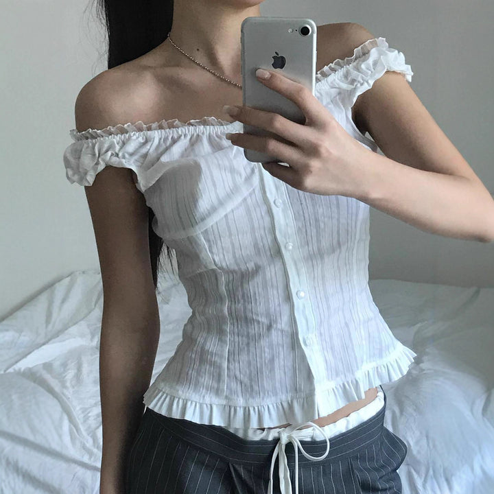Damer Off-Shoulder Bluse med volangkant og knappdetaljer Skjora