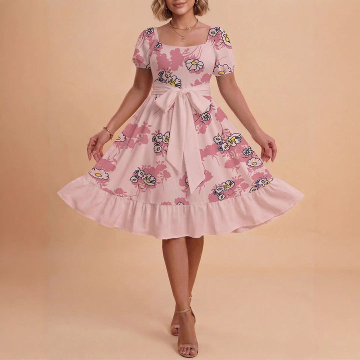 Damen Retro Maxikleid mit Puffärmeln und Taillengürtel Skjora