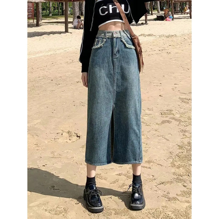 Women's Long Denim Skirt with High Slit Shredded