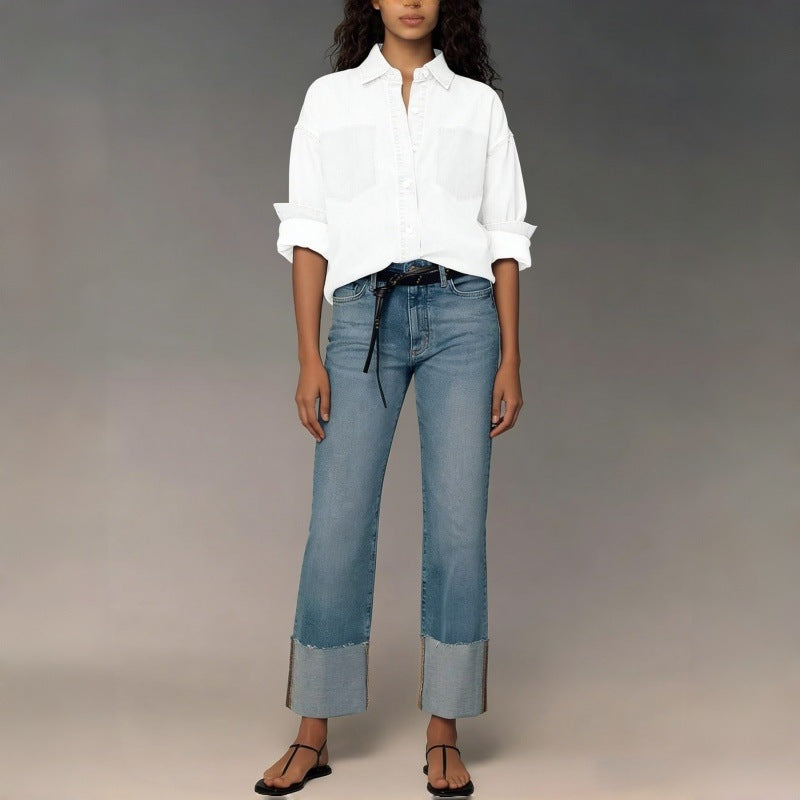 Dame designer jeans i moderne boyfriend-stil med unike detaljbehandlinger Skjora