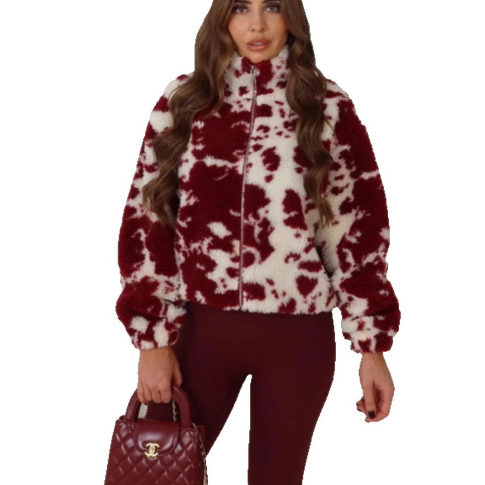 Dame Cozy Fleece Jakke med Høy Krage og Trendy Dalmatiner Trykk Skjora