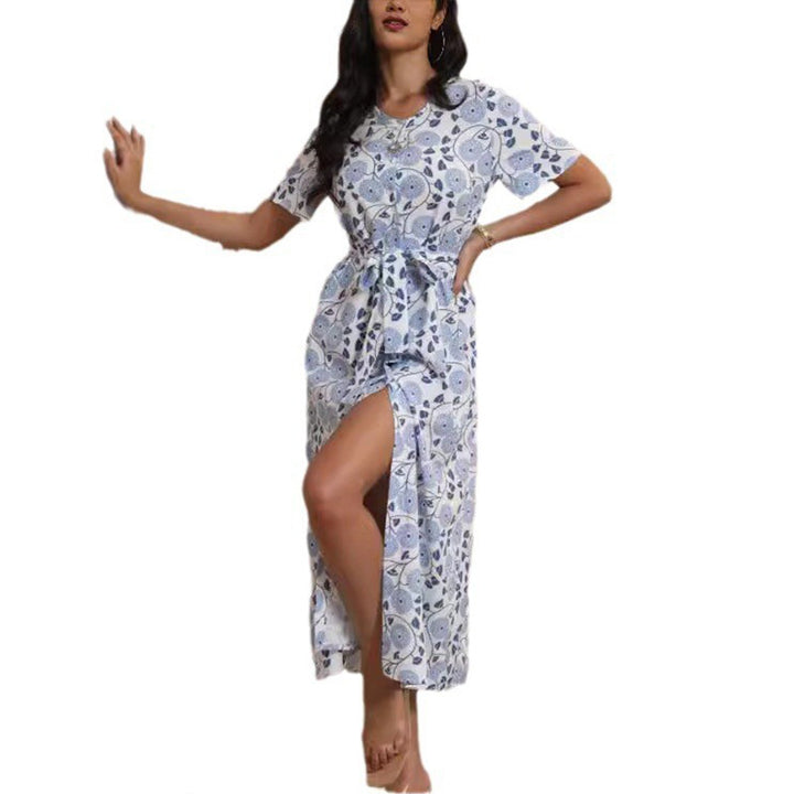 Women's Long-Sleeve Maxi Dress with Floral Design and Elegant Tie Belt Skjora