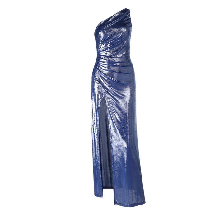 Kvinnes Glamorous Wrap Kveldsdrakt med Asymmetrisk Design og Høyermodert Slitt Skjora
