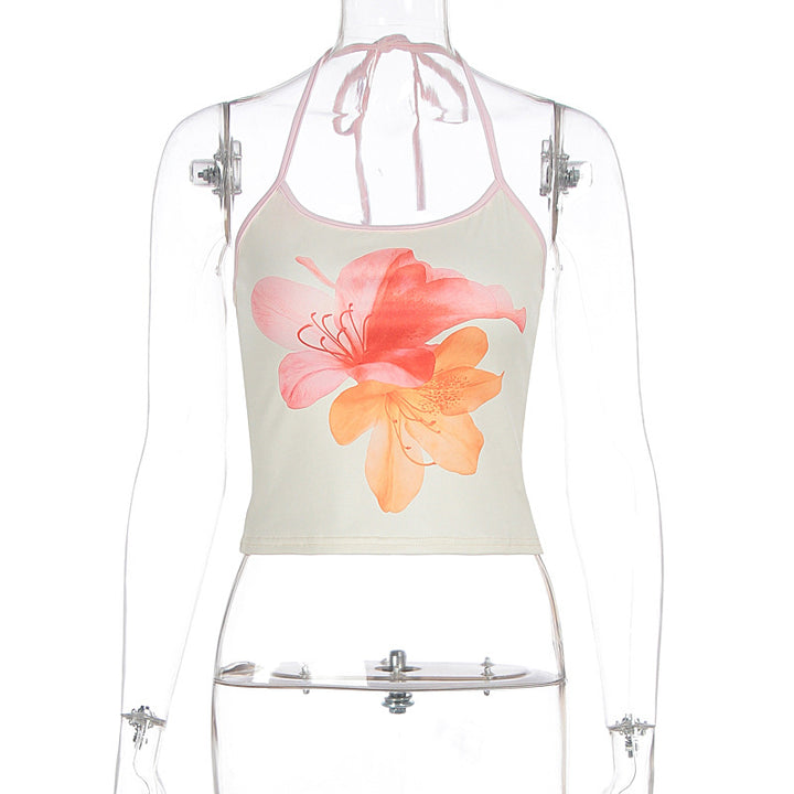 Dame Crop-Top med blomsterprint og halterneck Skjora