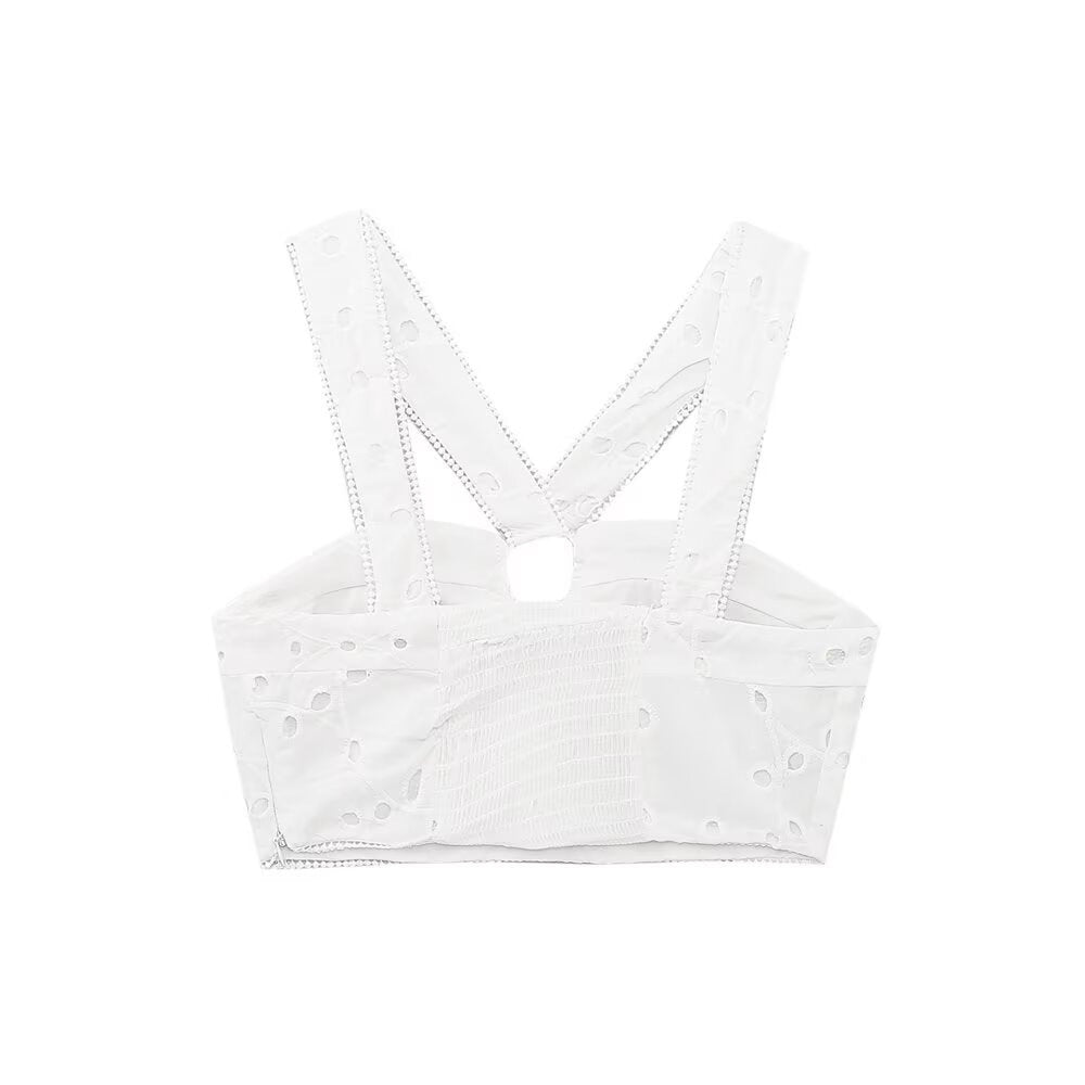 Damen Brokat-Crop-Top med elegant utringning og dekorerte stropper Skjora