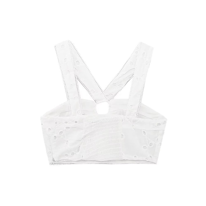 Damen Brokat-Crop-Top med elegant utringning og dekorerte stropper Skjora